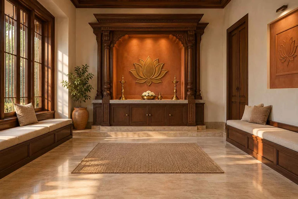 AI-generated puja room design concept: family bench prayer hall, terracotta heritage direction