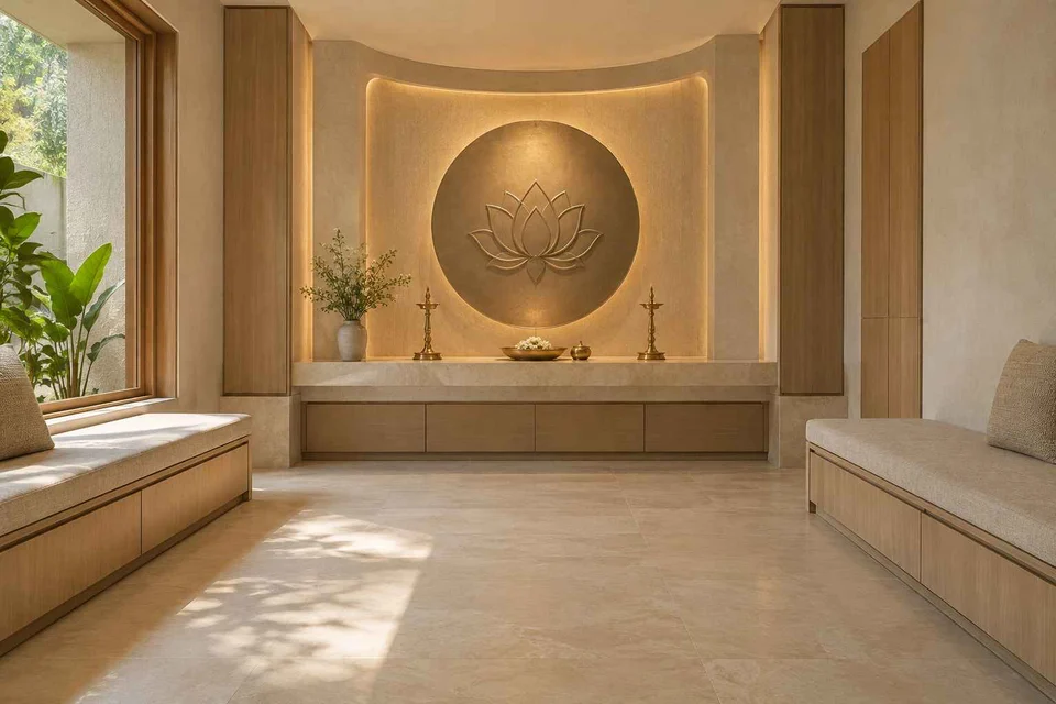 AI-generated puja room design concept: family bench prayer hall, textured mineral direction