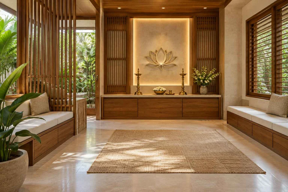 AI-generated puja room design concept: family bench prayer hall, tropical slatted direction