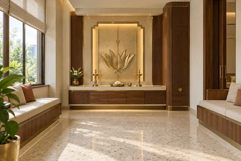 AI-generated puja room design concept: family bench prayer hall, urban deco direction