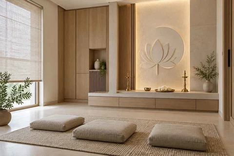 AI-generated puja room design concept: family devotional room, ash and linen direction