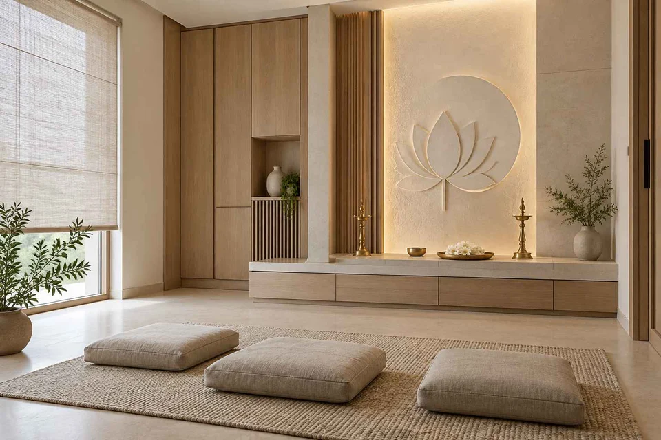 AI-generated puja room design concept: family devotional room, ash and linen direction
