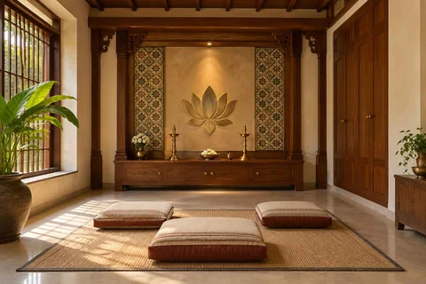 AI-generated puja room design concept: family devotional room, chettinad tile direction