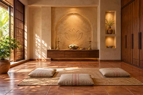 AI-generated puja room design concept: family devotional room, clay artisan direction