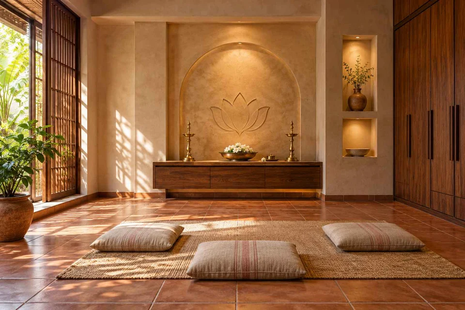 AI-generated puja room design concept: family devotional room, clay artisan direction