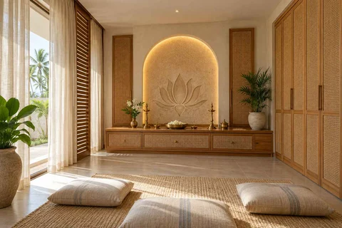 AI-generated puja room design concept: family devotional room, coastal woven direction