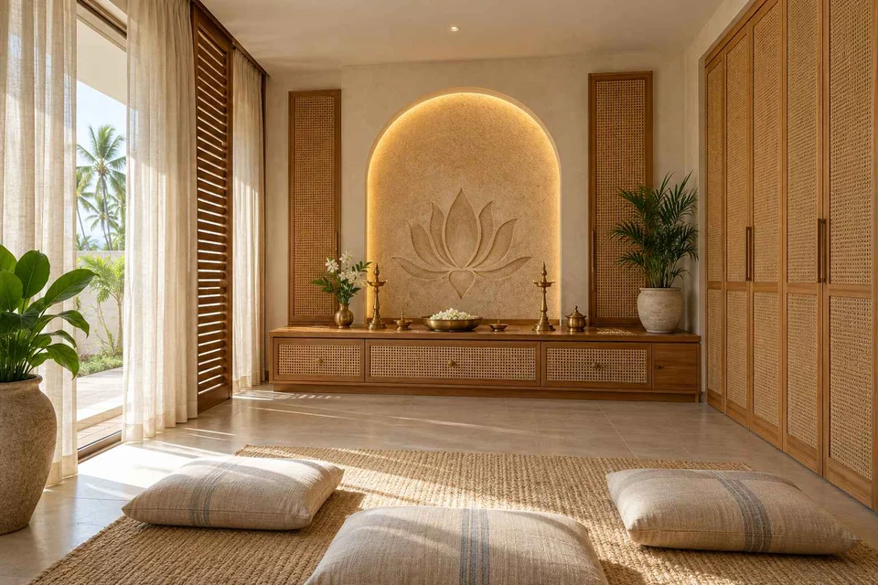 AI-generated puja room design concept: family devotional room, coastal woven direction