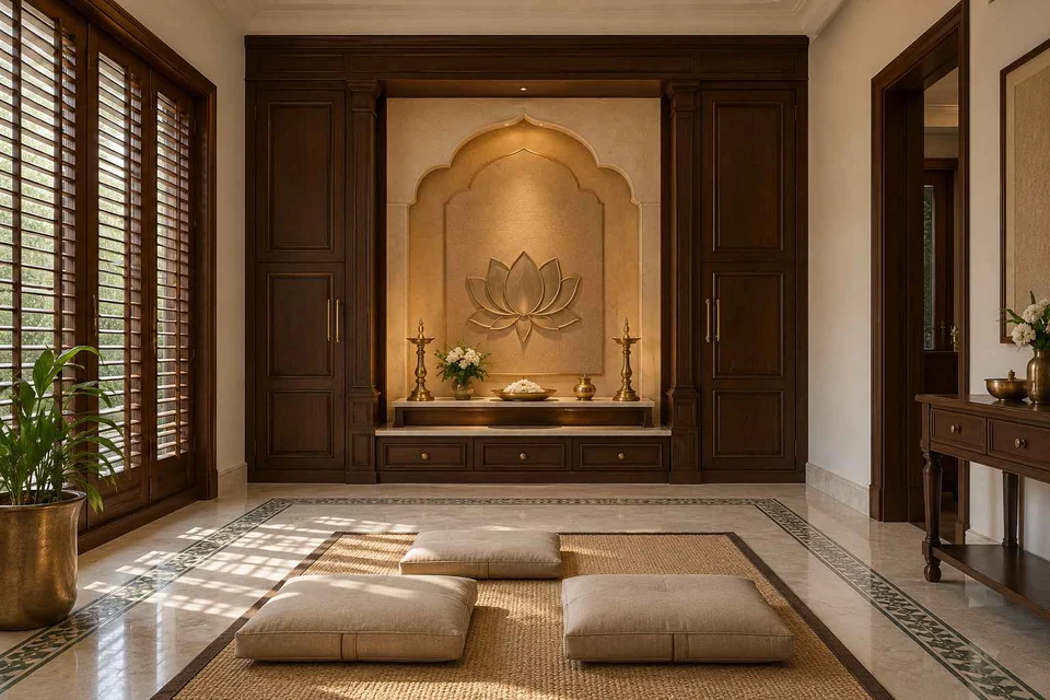 AI-generated puja room design concept: family devotional room, colonial quiet direction