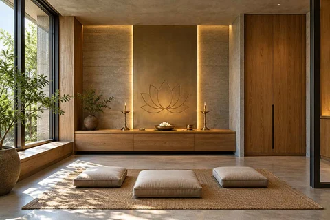 AI-generated puja room design concept: family devotional room, concrete and oak direction
