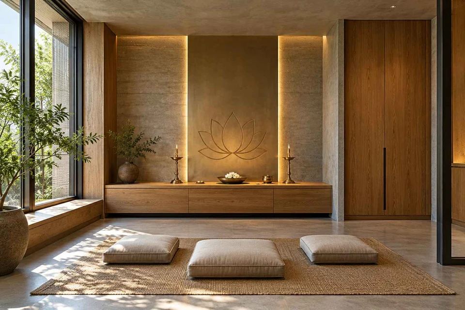 AI-generated puja room design concept: family devotional room, concrete and oak direction