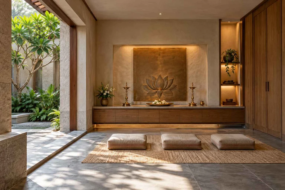 AI-generated puja room design concept: family devotional room, courtyard modern direction