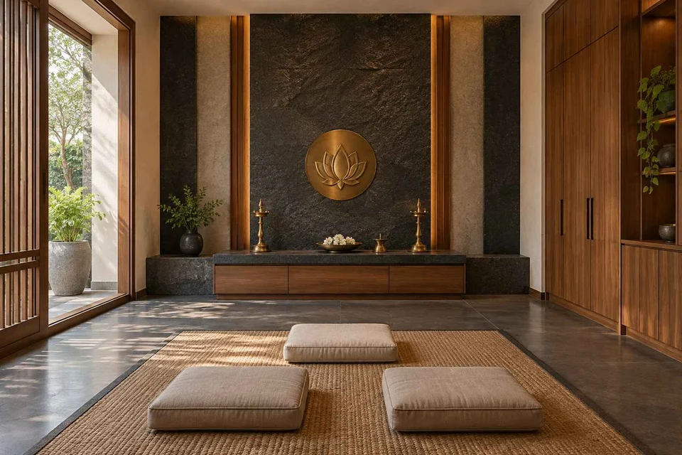 AI-generated puja room design concept: family devotional room, deccan stone direction