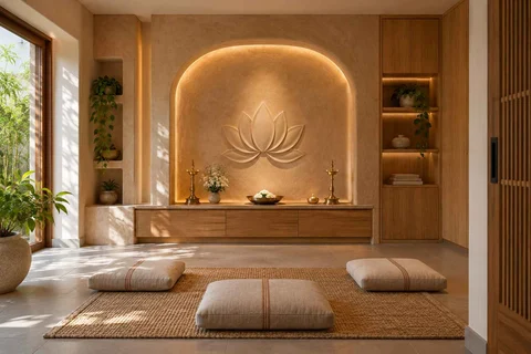 AI-generated puja room design concept: family devotional room, earth and bamboo direction