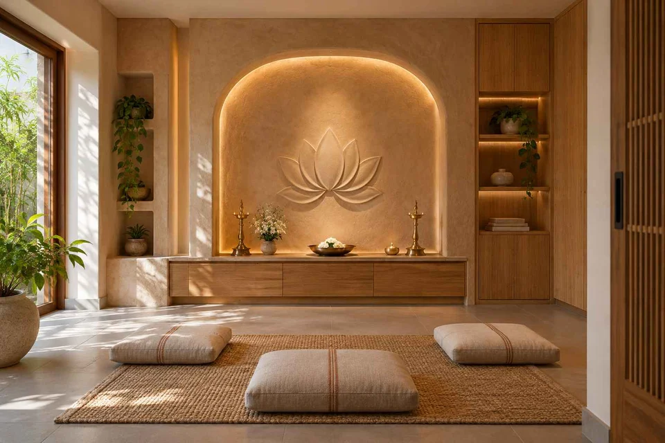 AI-generated puja room design concept: family devotional room, earth and bamboo direction