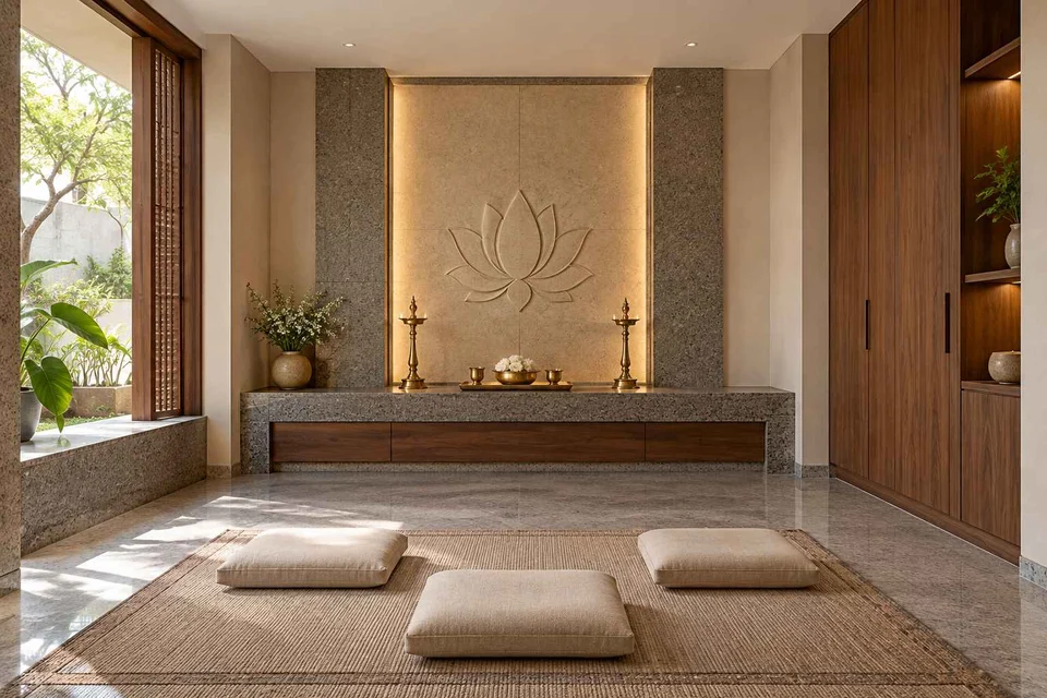 AI-generated puja room design concept: family devotional room, granite precision direction