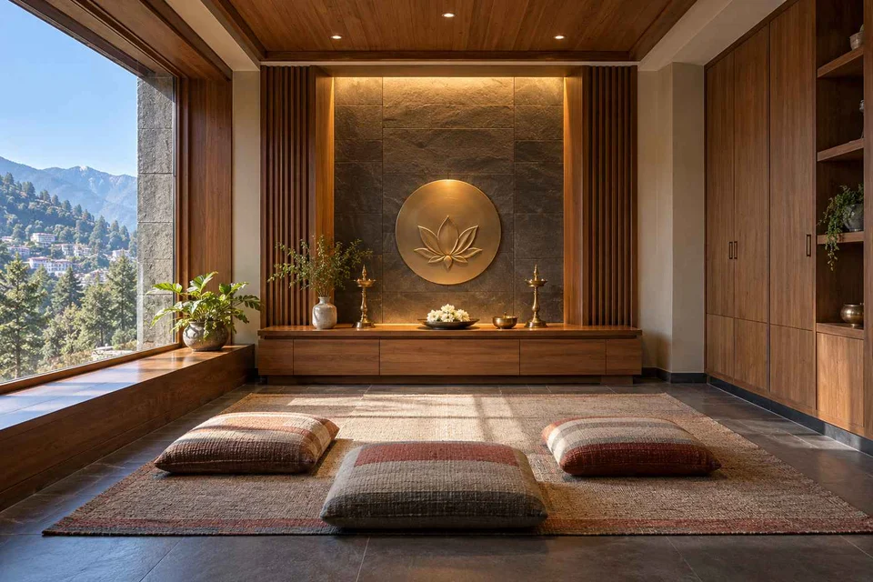 AI-generated puja room design concept: family devotional room, hill timber direction
