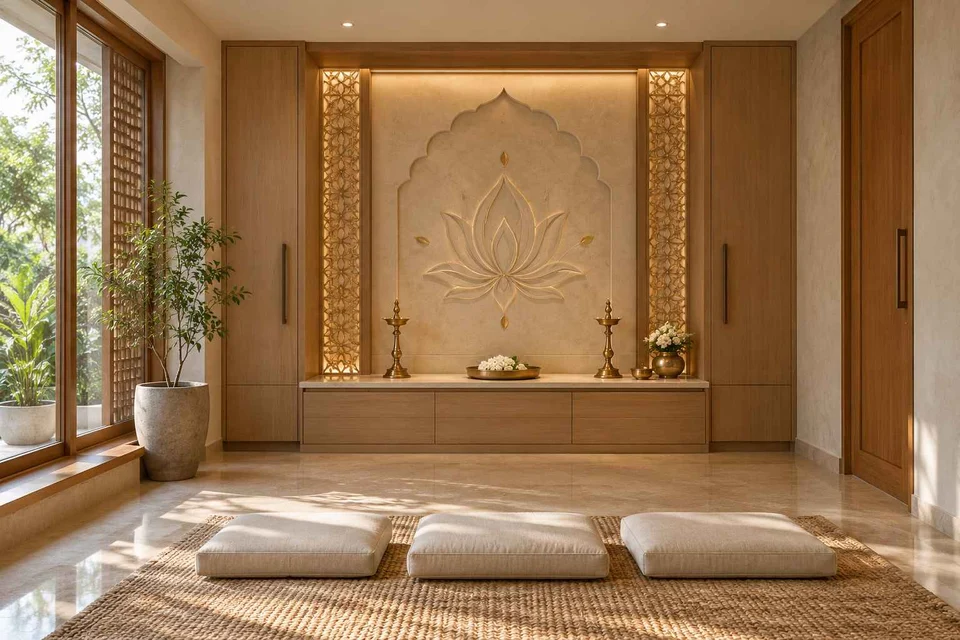 AI-generated puja room design concept: family devotional room, inlay atelier direction