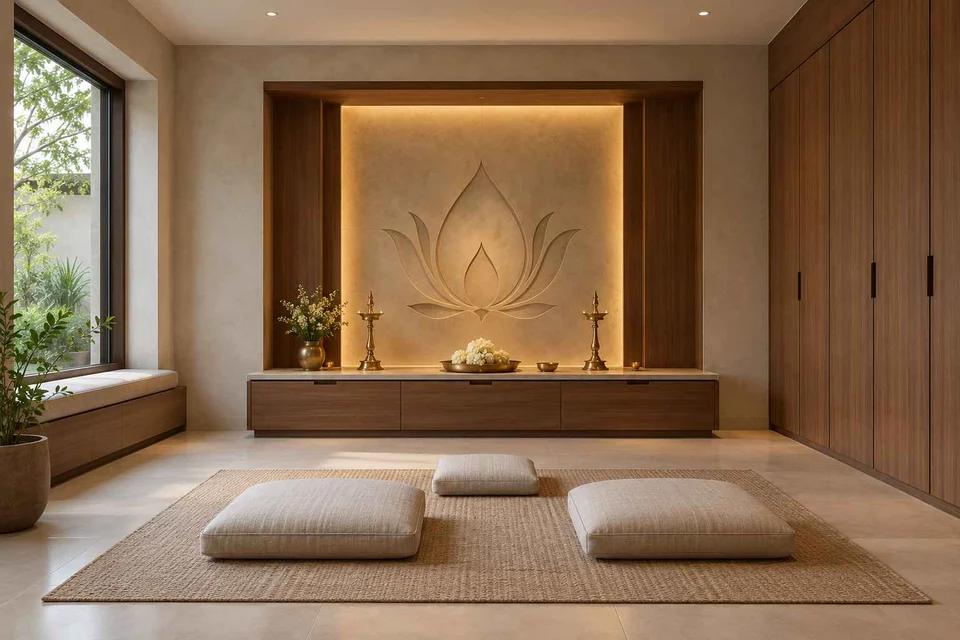 AI-generated puja room design concept: family devotional room, lime and walnut direction