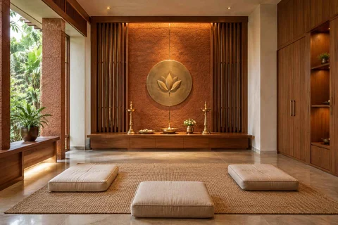 AI-generated puja room design concept: family devotional room, malabar timber direction