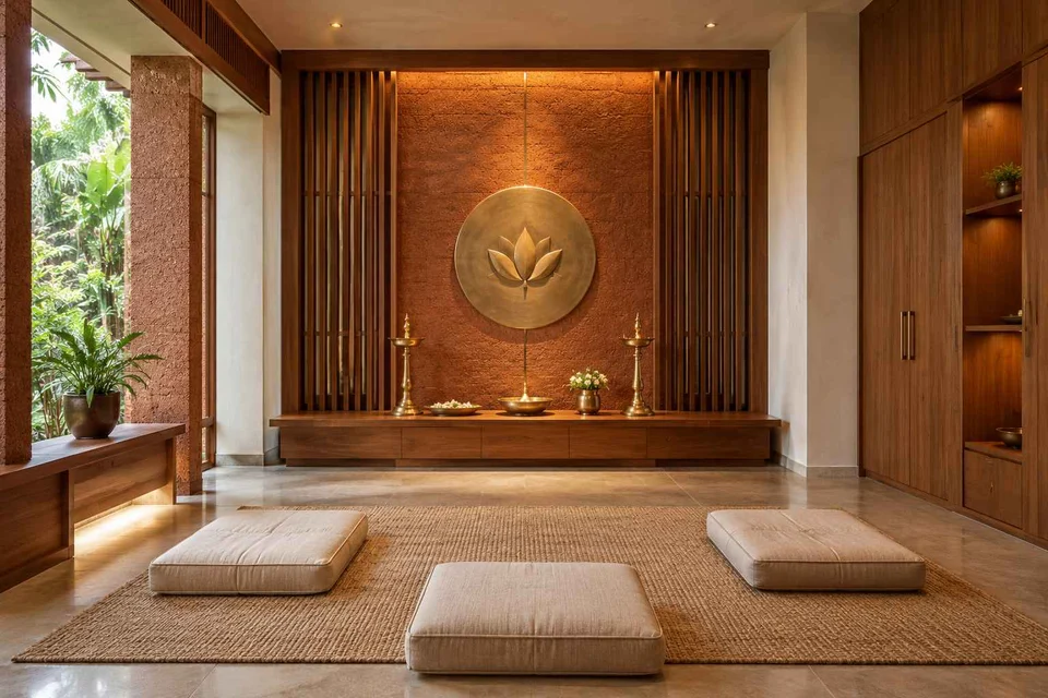 AI-generated puja room design concept: family devotional room, malabar timber direction