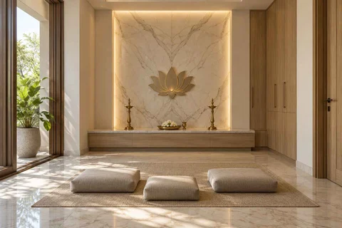 AI-generated puja room design concept: family devotional room, marble restraint direction