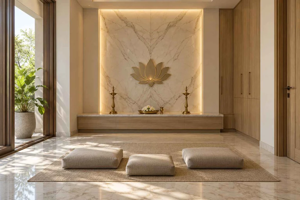 AI-generated puja room design concept: family devotional room, marble restraint direction