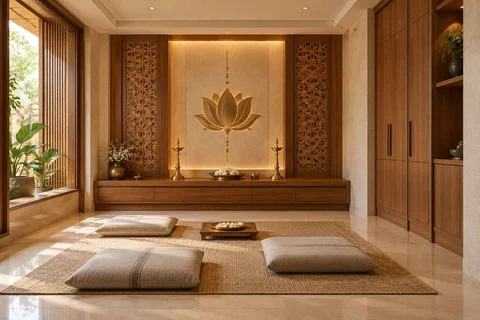 AI-generated puja room design concept: family devotional room, modern carved direction