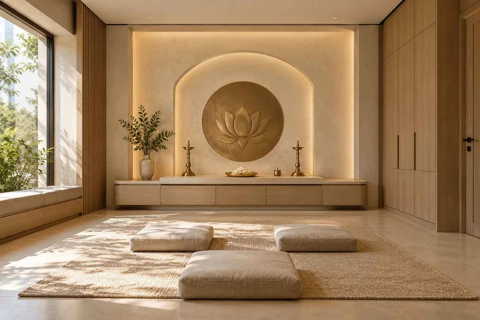 AI-generated puja room design concept: family devotional room, quiet contemporary direction