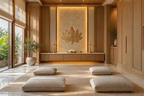 AI-generated puja room design concept: family devotional room, quiet transitional direction