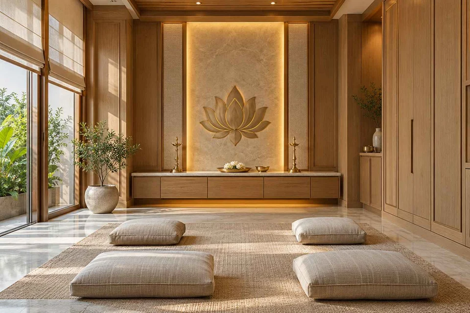 AI-generated puja room design concept: family devotional room, quiet transitional direction