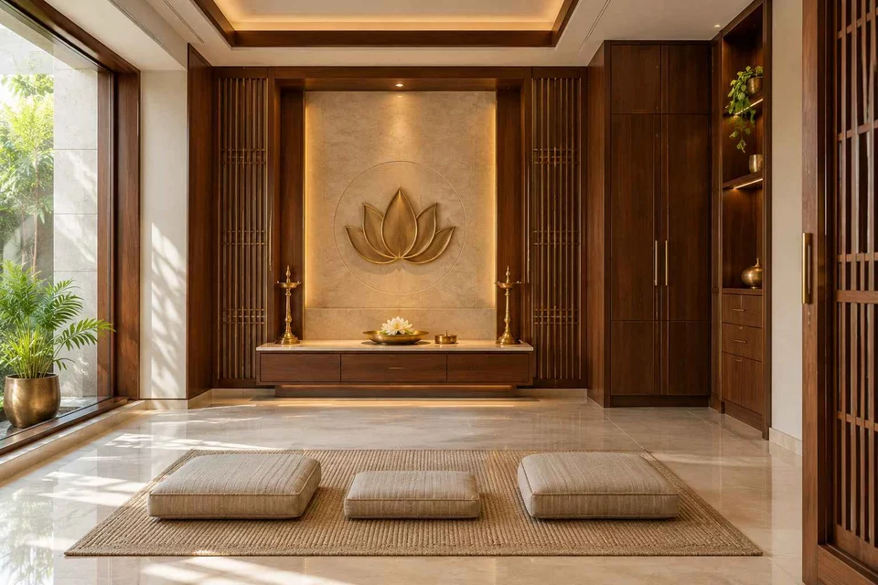 AI-generated puja room design concept: family devotional room, rosewood brass direction