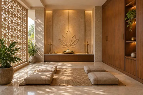 AI-generated puja room design concept: family devotional room, sandstone lattice direction