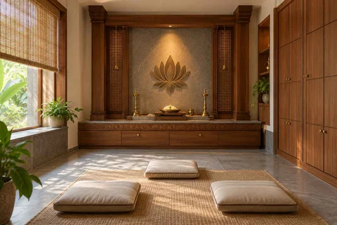AI-generated puja room design concept: family devotional room, teak craft direction