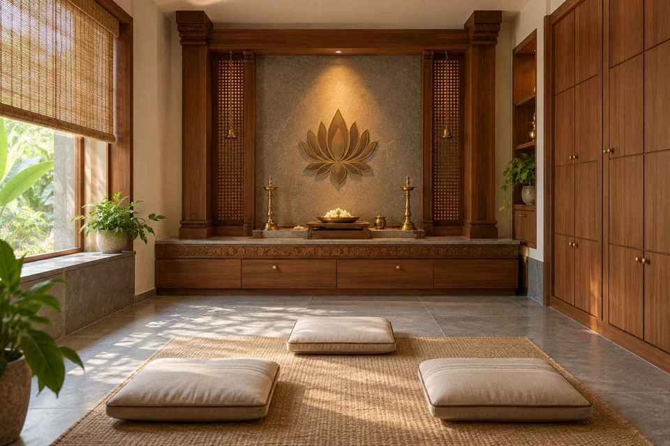 AI-generated puja room design concept: family devotional room, teak craft direction