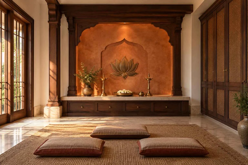 AI-generated puja room design concept: family devotional room, terracotta heritage direction