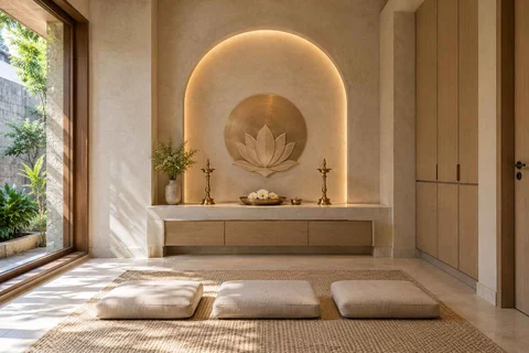 AI-generated puja room design concept: family devotional room, textured mineral direction