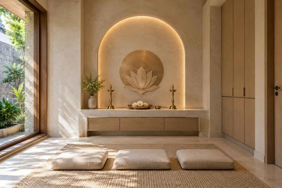 AI-generated puja room design concept: family devotional room, textured mineral direction