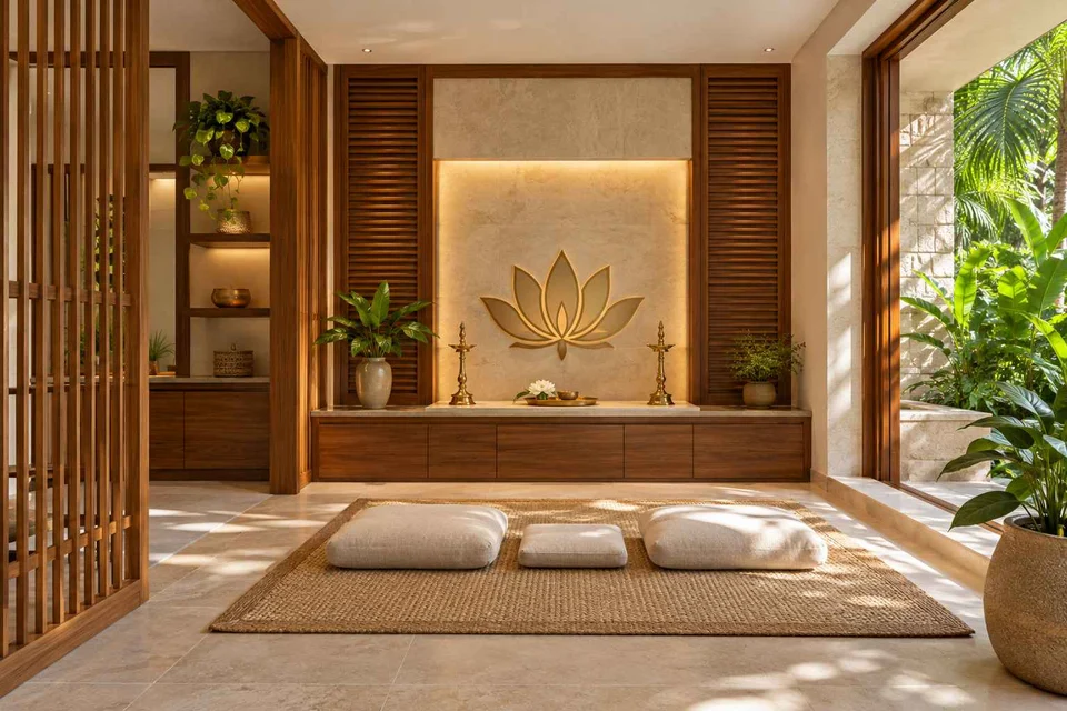 AI-generated puja room design concept: family devotional room, tropical slatted direction