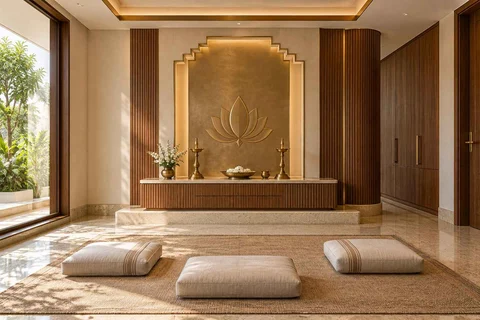 AI-generated puja room design concept: family devotional room, urban deco direction