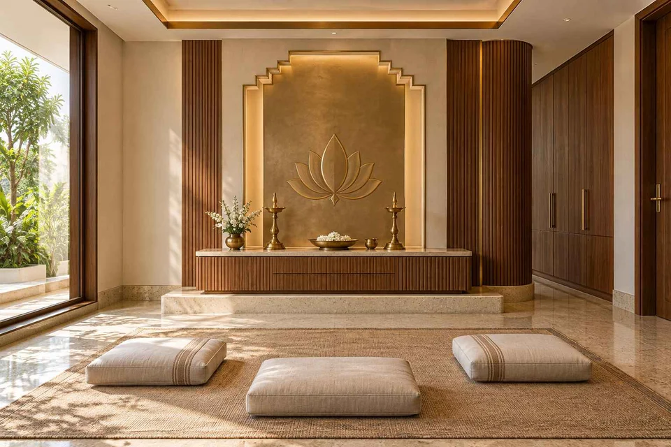AI-generated puja room design concept: family devotional room, urban deco direction
