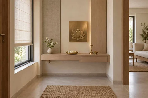 AI-generated puja room design concept: floating shelf shrine, ash and linen direction