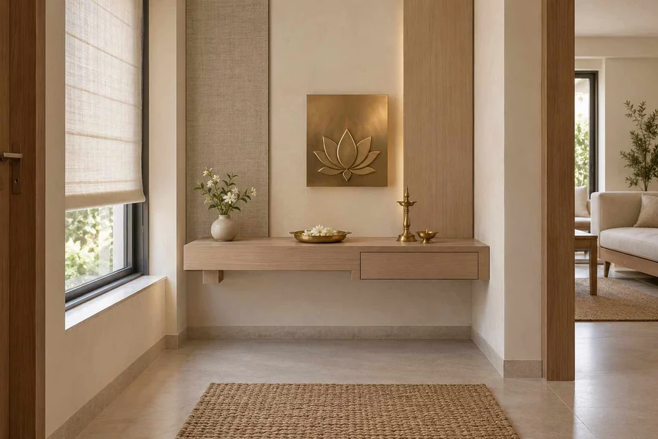 AI-generated puja room design concept: floating shelf shrine, ash and linen direction