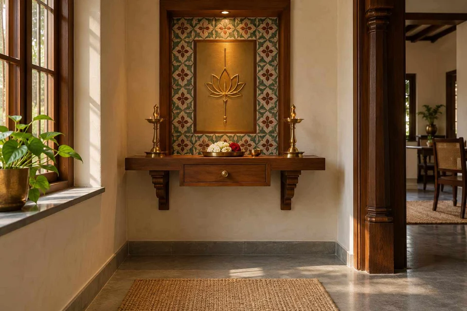 AI-generated puja room design concept: floating shelf shrine, chettinad tile direction