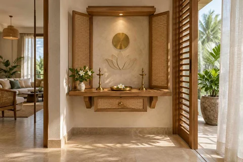 AI-generated puja room design concept: floating shelf shrine, coastal woven direction