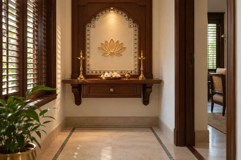 AI-generated puja room design concept: floating shelf shrine, colonial quiet direction