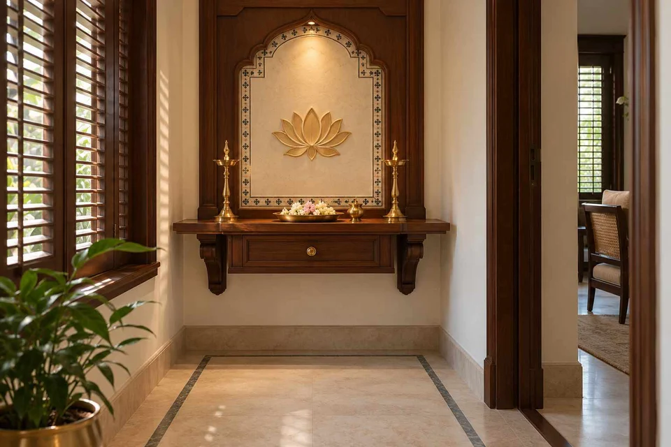 AI-generated puja room design concept: floating shelf shrine, colonial quiet direction