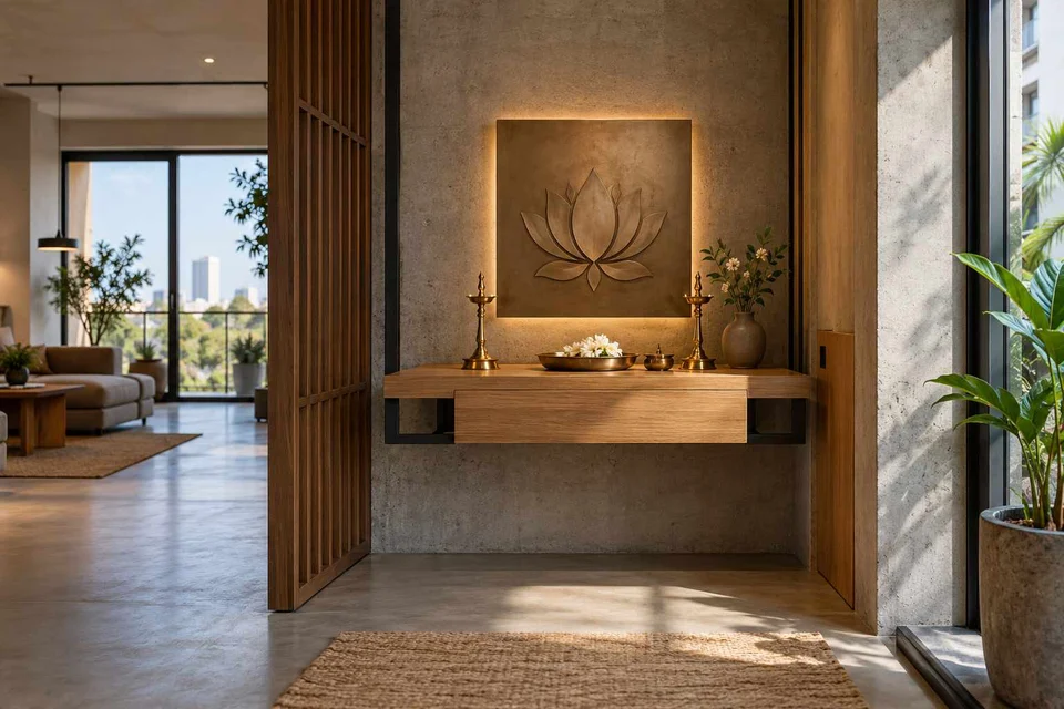 AI-generated puja room design concept: floating shelf shrine, concrete and oak direction