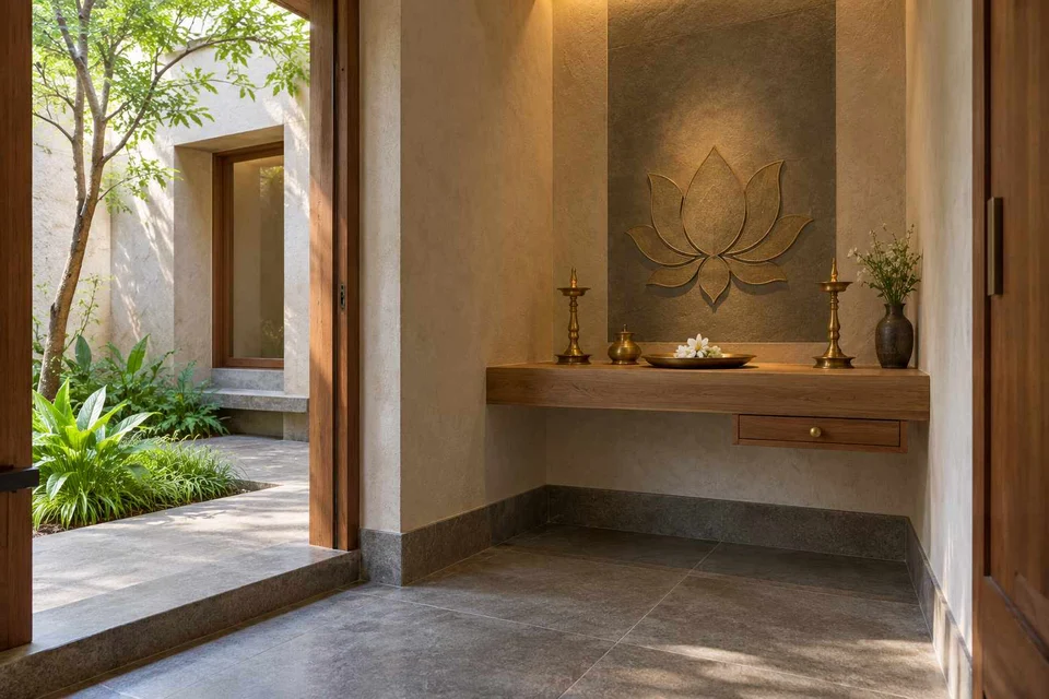 AI-generated puja room design concept: floating shelf shrine, courtyard modern direction