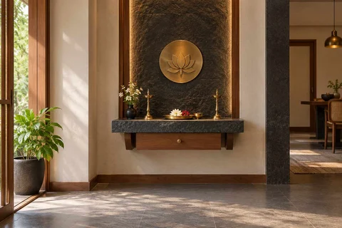 AI-generated puja room design concept: floating shelf shrine, deccan stone direction
