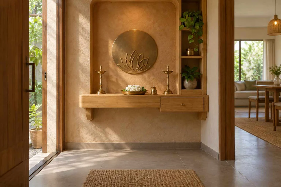 AI-generated puja room design concept: floating shelf shrine, earth and bamboo direction